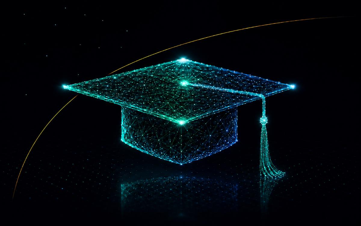 A graduation cap rendered as a glowing constellation of network nodes — training as the core of AI adoption