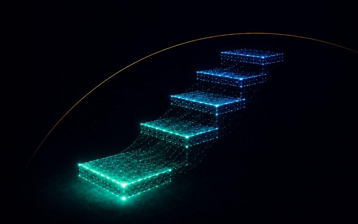 An ascending staircase of glowing network nodes — start with one workflow and let momentum compound