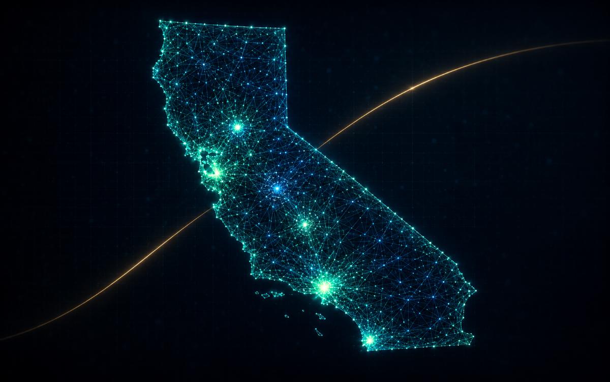 California rendered as a glowing network of connected nodes