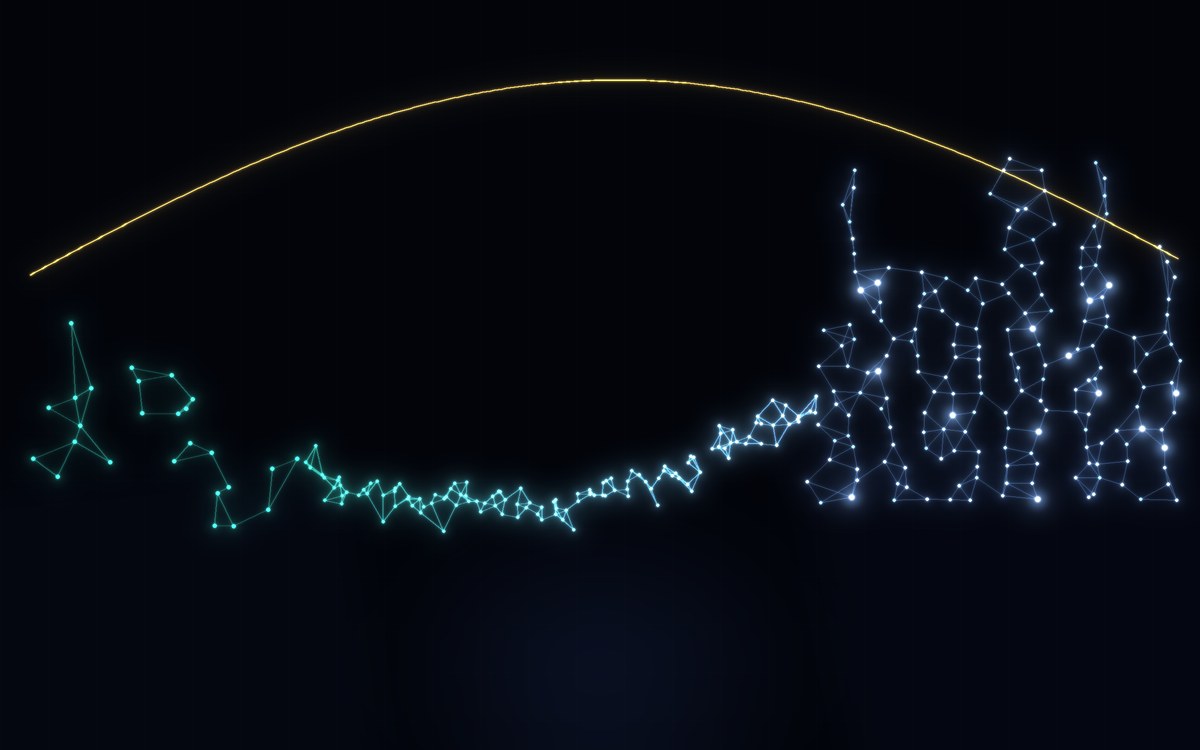 A glowing bridge of network nodes spanning a dark chasm — the gap between buying AI and deploying it