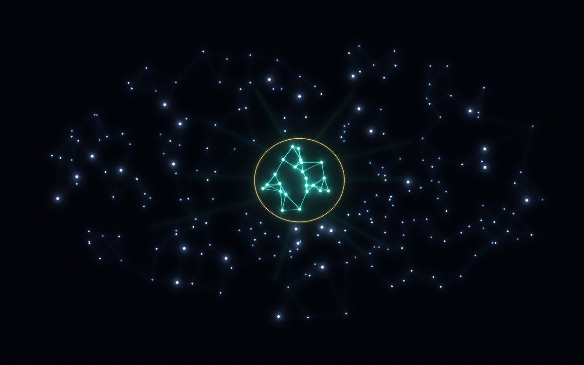 A small bright cluster of nodes nested inside a larger constellation — engineers embedded within a company's own system