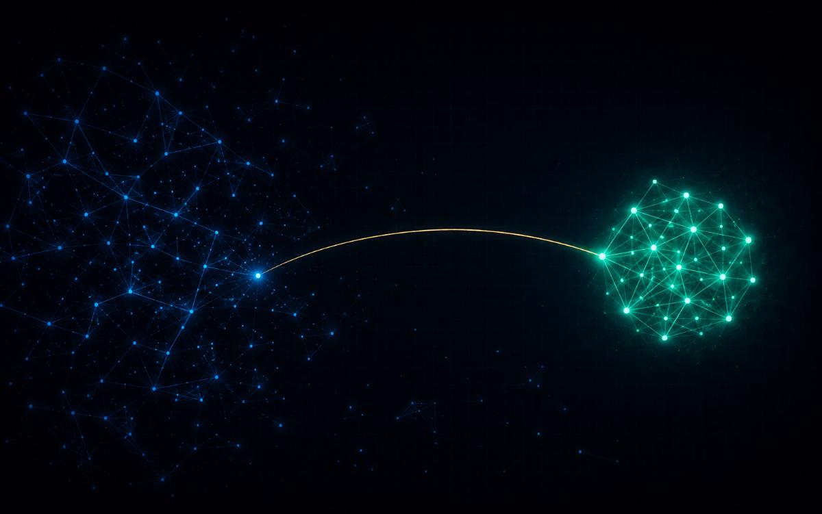 Two constellations divided by a dark gap, one densely lit and one sparse — the distance between having AI and profiting from it