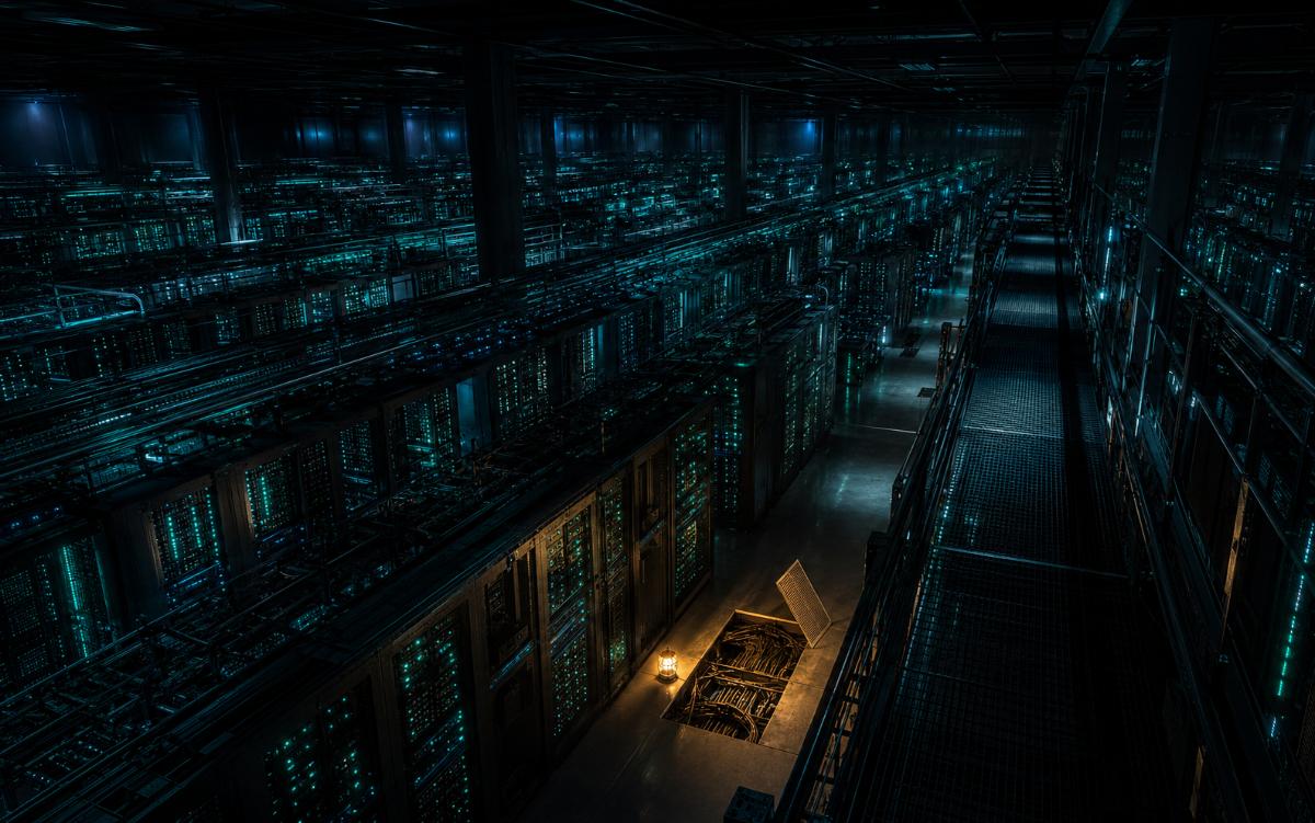 A vast dark server hall with rivers of teal and blue status lights, one aisle opened for cabling work under a gold lamp — deployment is hands inside the machine room