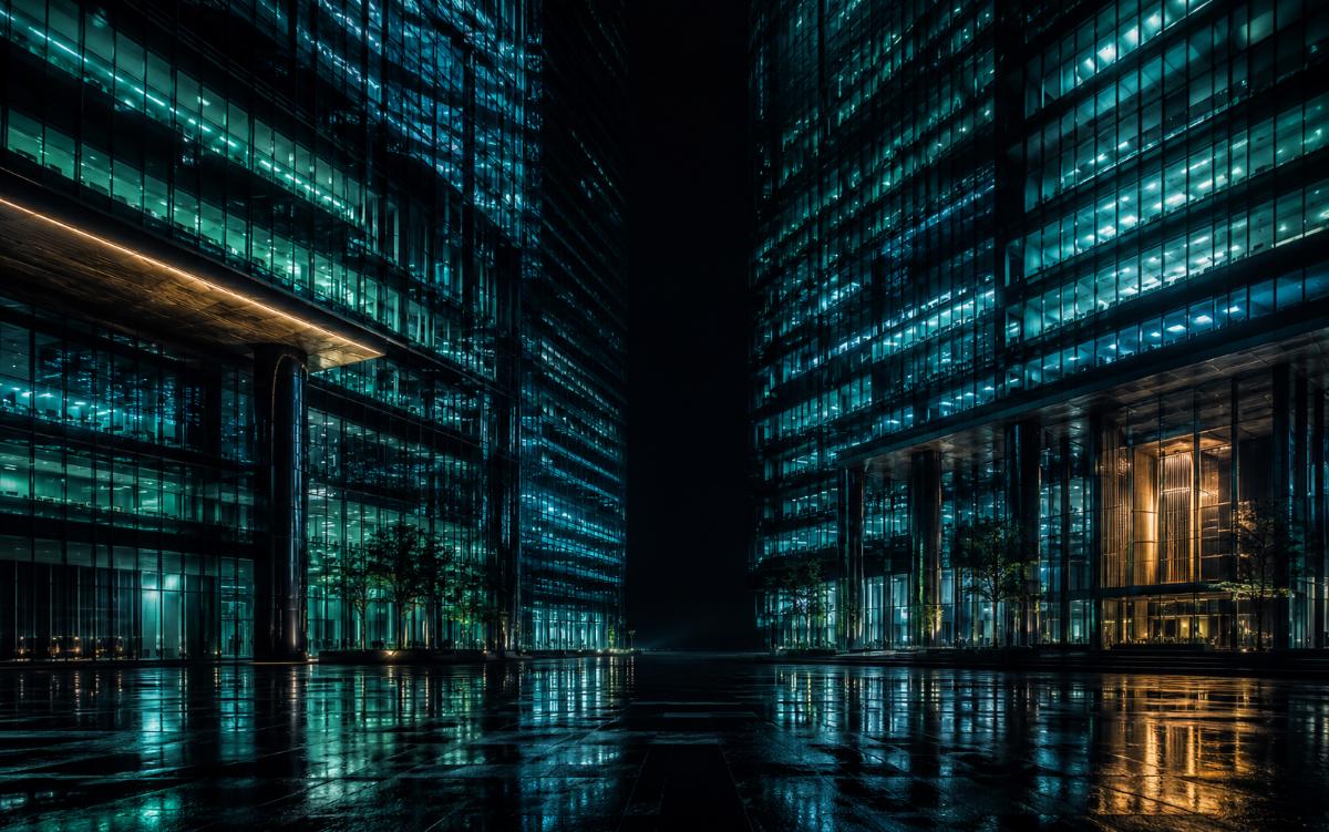 Two illuminated corporate towers over a rain-slicked plaza at night — the enterprise end of the market, where the deployment race is aimed
