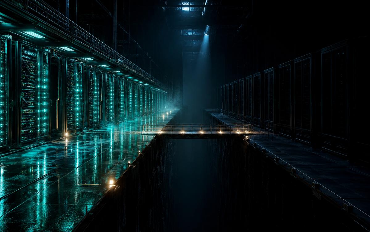 A vast data hall split by a dark chasm — one side alive with teal server light, the far side cold and dead, a single lit walkway crossing between them
