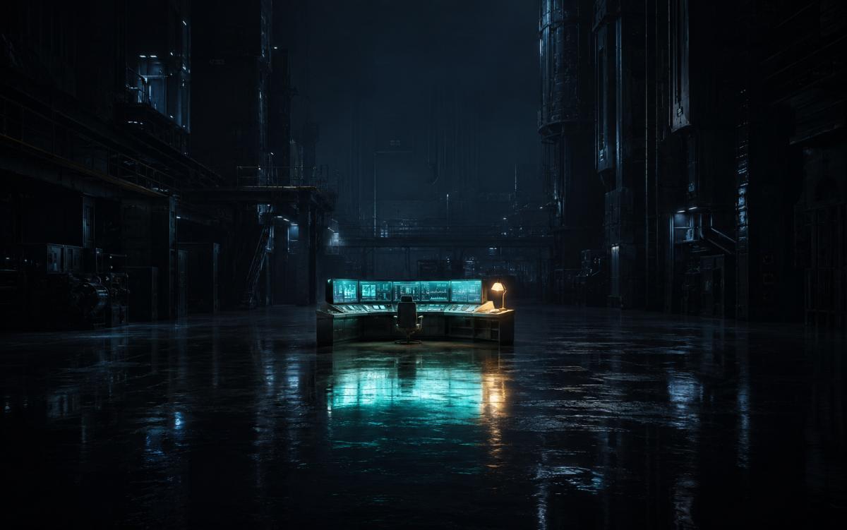 A single brightly lit control console glowing in the middle of a vast, dark, empty operations floor — a powerful tool stranded, disconnected from the machinery around it