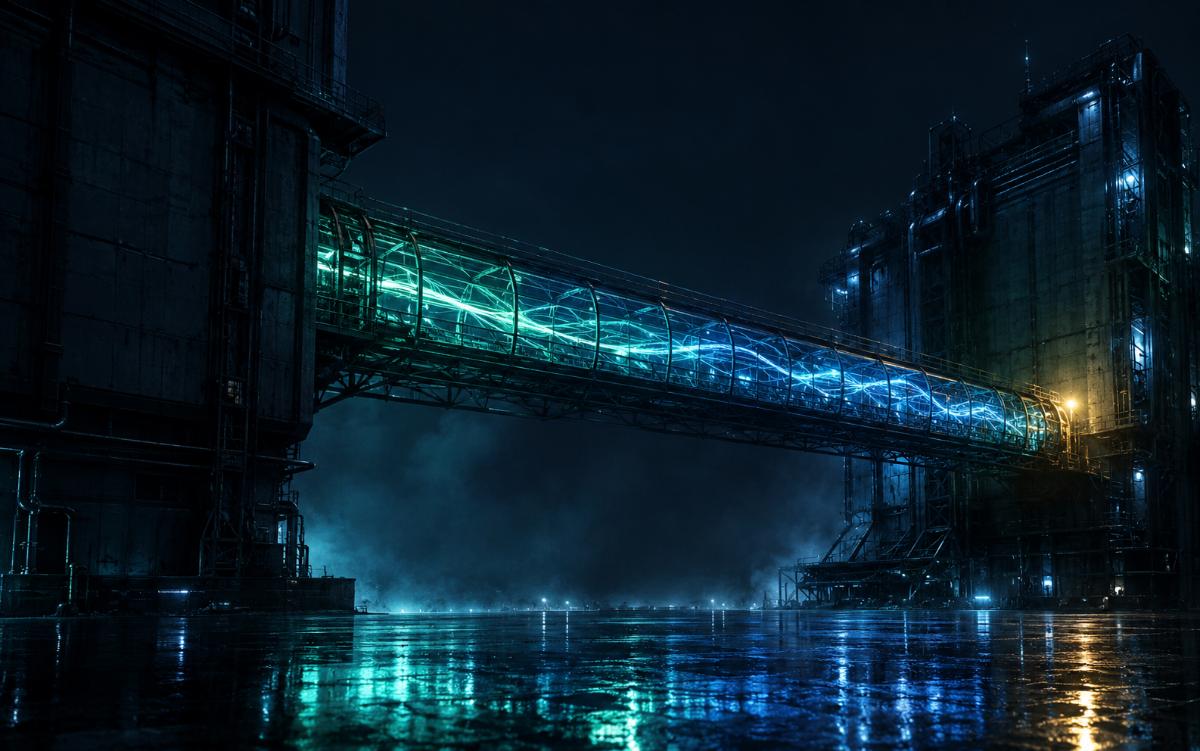 A glowing conduit-bridge streaming with teal and blue light, physically linking two dark infrastructure blocks across a divide — the connective tissue between a tool and the operation