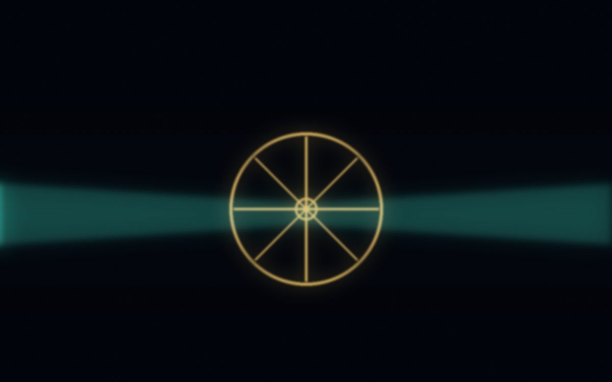 A heavy industrial valve clamping down on a single glowing teal energy pipeline running through a dark server hall, gold light on the valve wheel, wet reflective floor mirroring the glow