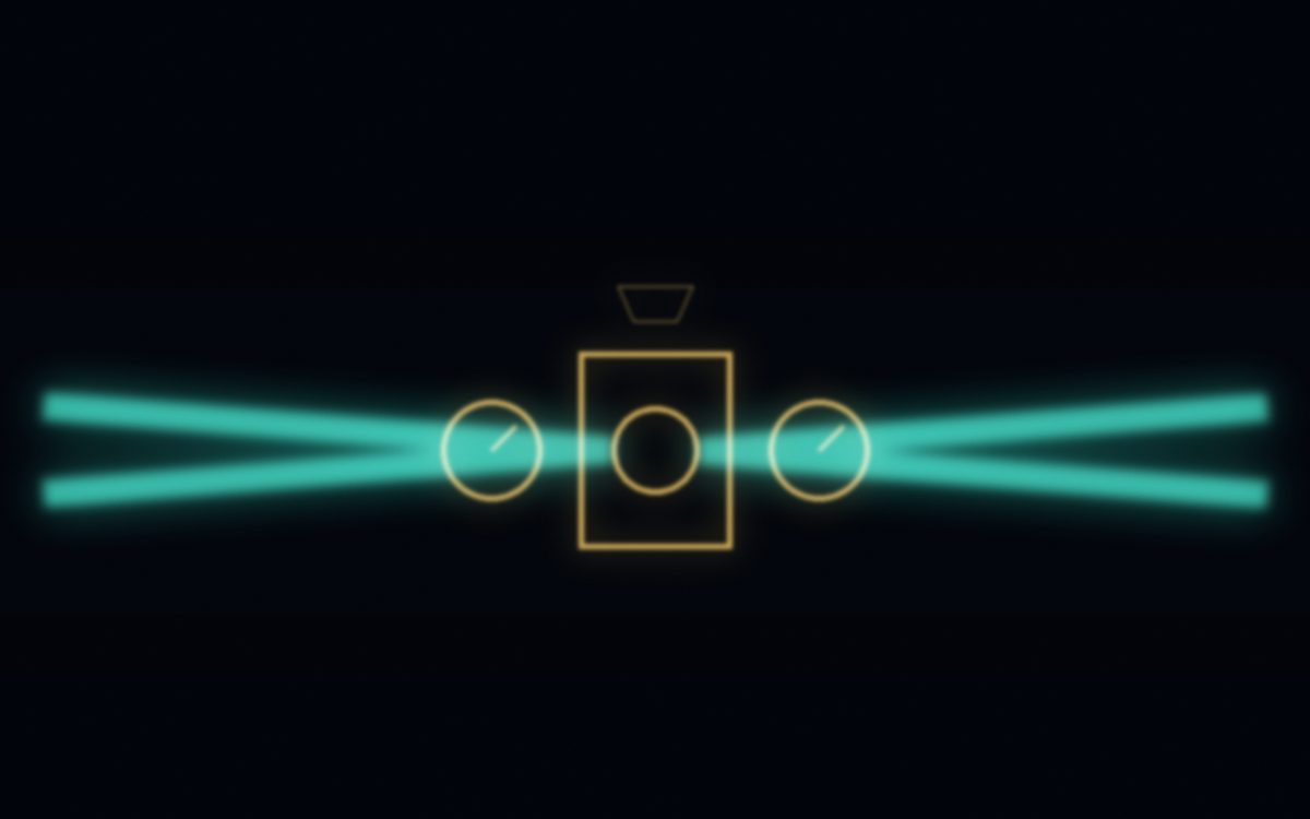 A lone regulator and metering station in a dark infrastructure corridor — pipes converging into a single throttle under a warm gold work lamp, teal light beyond, wet floor reflecting the scene