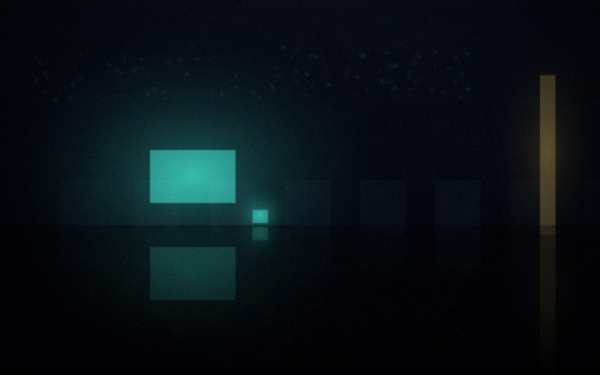 A darkened open-plan office at night, every desk empty except one workstation glowing teal from its screen, a second faint glow from a phone beside the keyboard, the cold light spilling across a wet reflective floor