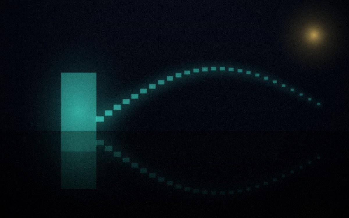 A small storefront office at night, its doorway leaking a stream of glowing teal light and drifting paper-like particles out into a dark rain-slicked street, the glow reflected in the wet pavement