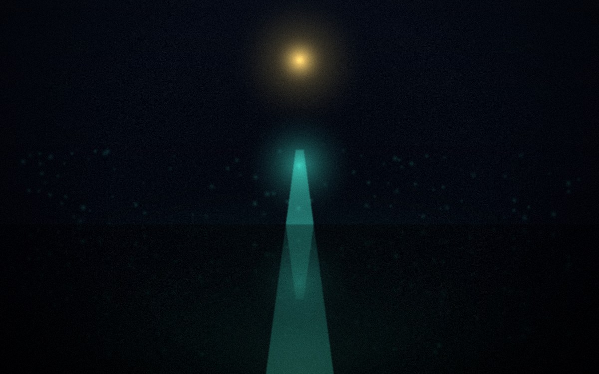 Many scattered small teal lights across a dark surface converging into a single clean illuminated channel guided by one warm gold lamp, orderly and governed, wet floor mirroring the light