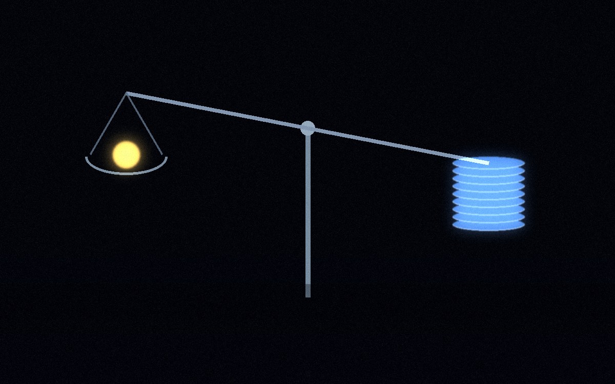 A balance scale on a dark reflective surface — one pan holds a single polished gold ingot, the other holds a taller stack of plain steel coins that clearly outweighs it, lit in teal with one warm gold accent