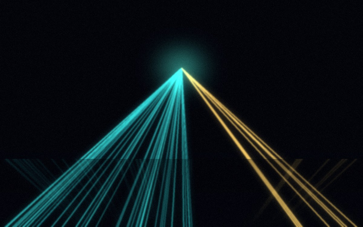 A dark logistics sorting hall — parcels on illuminated conveyor belts split into diverging lit channels, most flowing down a bright teal high-volume lane while a few peel off onto a narrow gold premium lane, wet floor mirroring the light