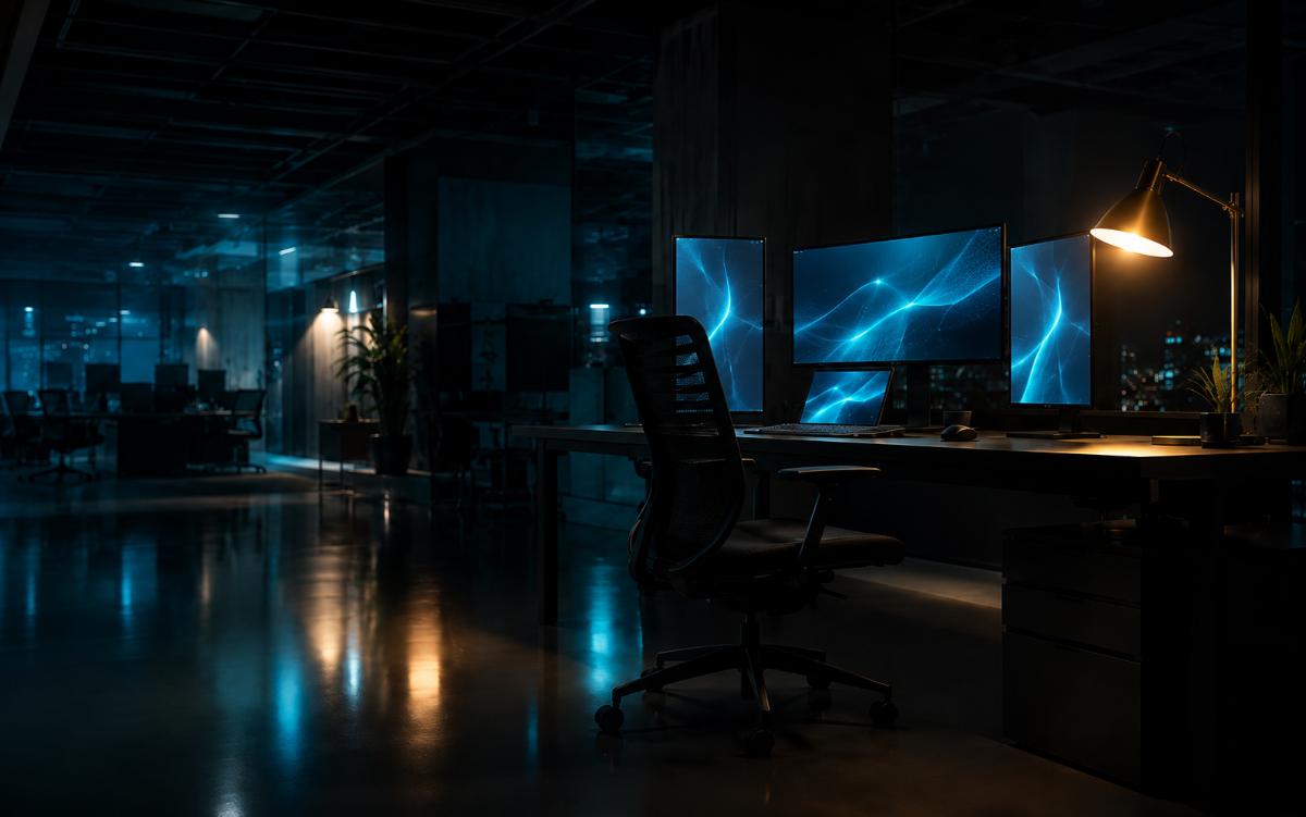 A darkened open-plan office at night — a single workstation alive with several glowing screens mid-task, an empty ergonomic chair pushed slightly back, a warm gold desk lamp against the cool teal monitor light, the polished floor mirroring the glow: the shift running itself