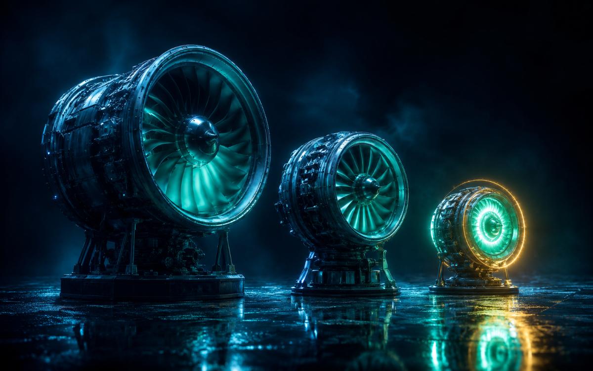Three graduated turbine engines on a dark reflective stage — a large one, a mid-sized one, and a compact one, all lit in teal, the smallest carrying a single warm gold accent ring and spun up brightest, dwarfing its size