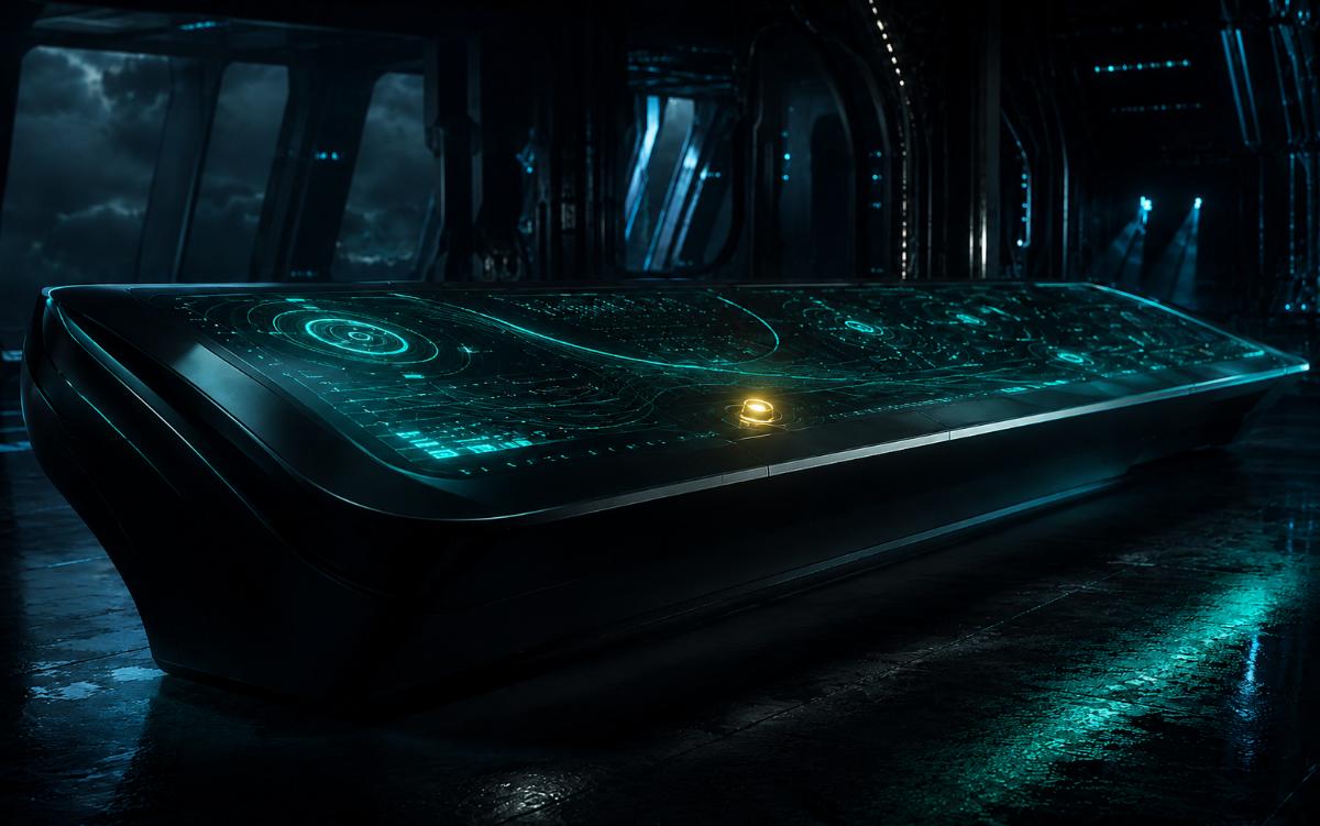 A single sleek control console at night where formerly separate instrument panels have fused into one continuous lit surface — several tool modules converging into one workspace, teal readouts and one gold status light, wet reflective floor beneath