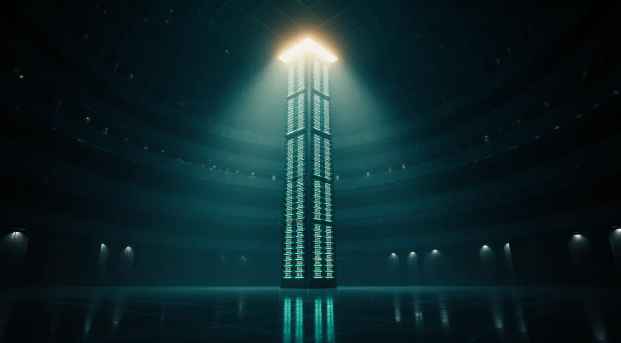 A darkened exchange hall at night — a tower of stacked memory modules glowing teal at the center of the floor, one gold-lit module at its crown: the market finding the real bottleneck