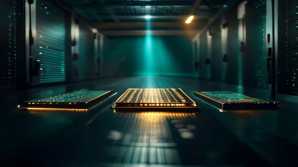 Three silicon wafers on a dark stage between server racks — two lit teal, the one in the center burning gold under its own spotlight, sold out before the light reaches the floor