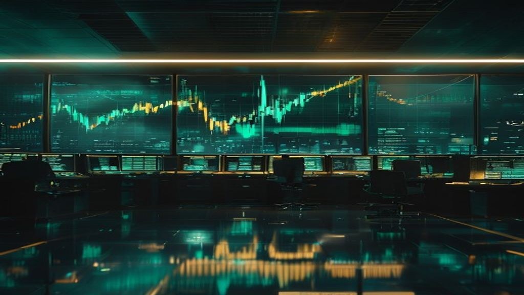 A night control room with one wall-sized chart — a teal line falling as a gold line rises, crossing in the middle distance: the price you pay and the cost underneath it, moving in opposite directions