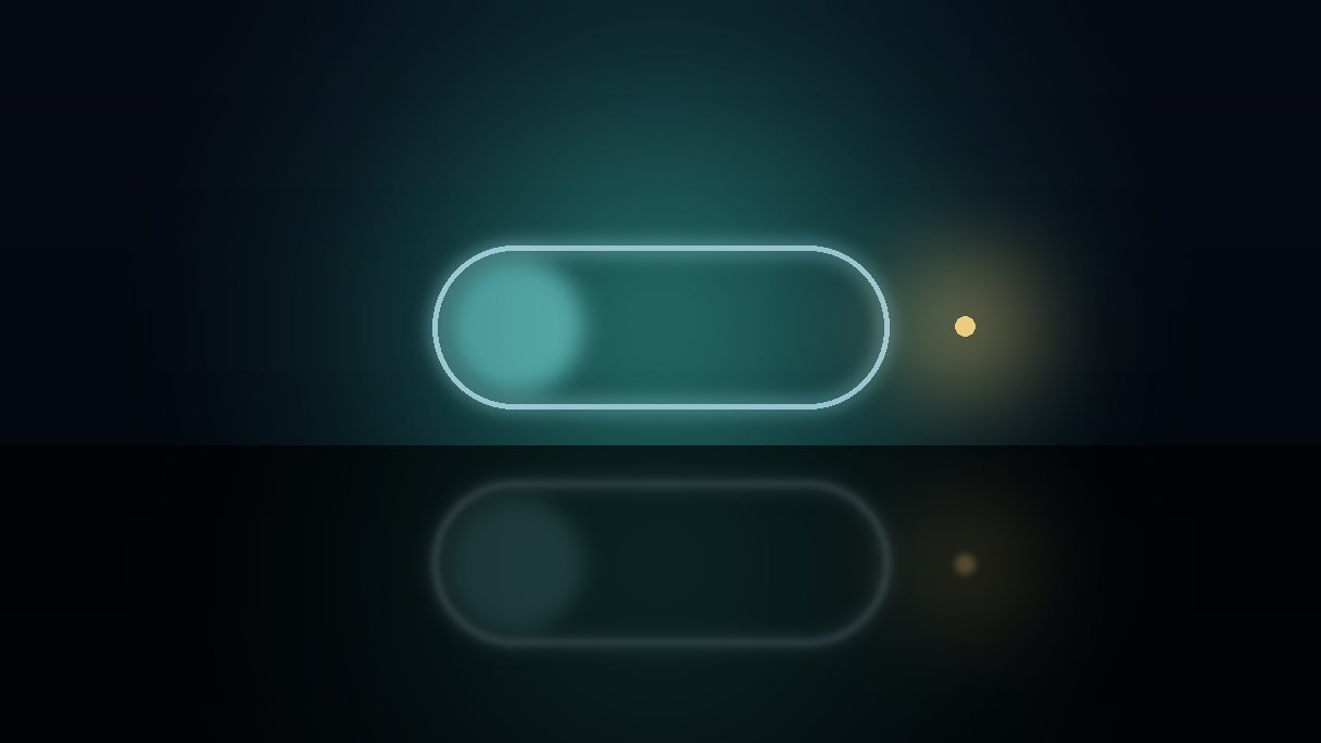 A single large illuminated master switch on a dark control console, thrown to the off position, lit in cool teal with one warm gold status light, the polished surface mirroring the glow