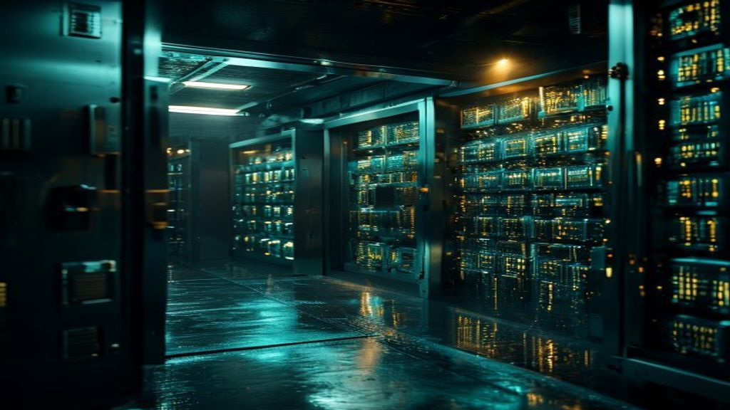A dark secure vault of server and memory hardware lit teal and gold, an open steel door to the side and a single warm lamp overhead, the wet floor mirroring the glow