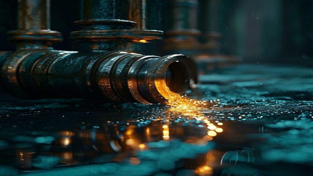A heavy industrial valve and pipe with molten gold light pouring out its end onto a wet reflective teal-lit floor, the flow redirected to one side
