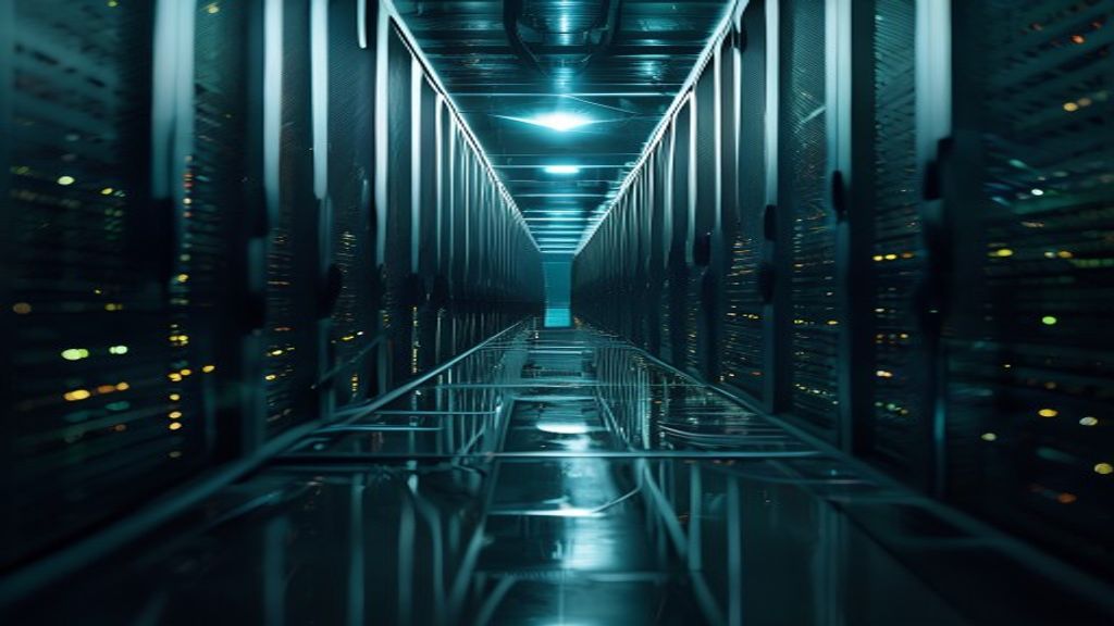 A long data-center corridor between rows of server racks receding into darkness toward a single bright point far ahead, the wet floor mirroring the light