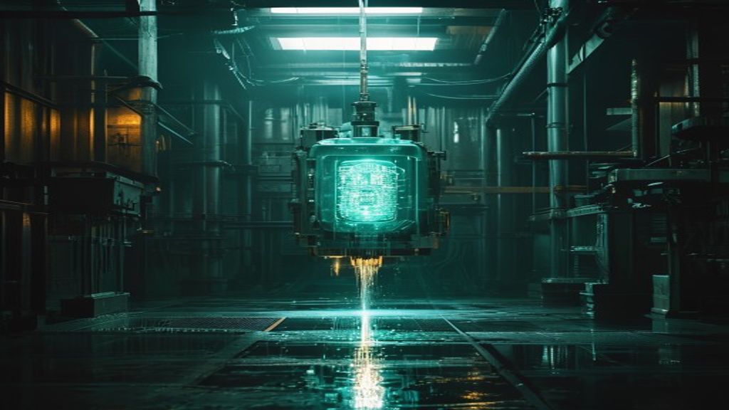 A glowing teal data core lowered by cables into the center of a large industrial machine in a dark operations hall, a single gold work light above, the wet floor mirroring the glow