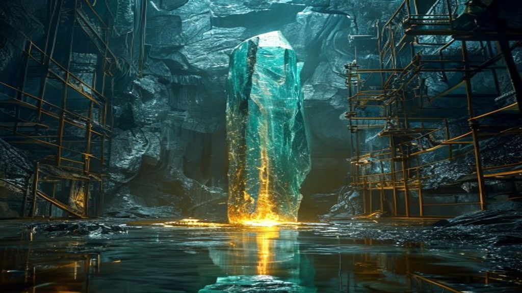 A glowing teal crystal monolith braced by gold scaffolding in a dark cavern, molten gold light pooling at its base and mirrored in the wet ground