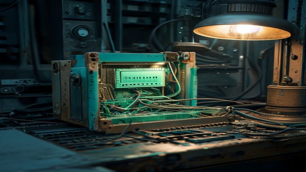 A glowing teal circuit module seated into the open access panel of a weathered brass-and-steel machine on a workbench, cables freshly spliced under a warm gold lamp