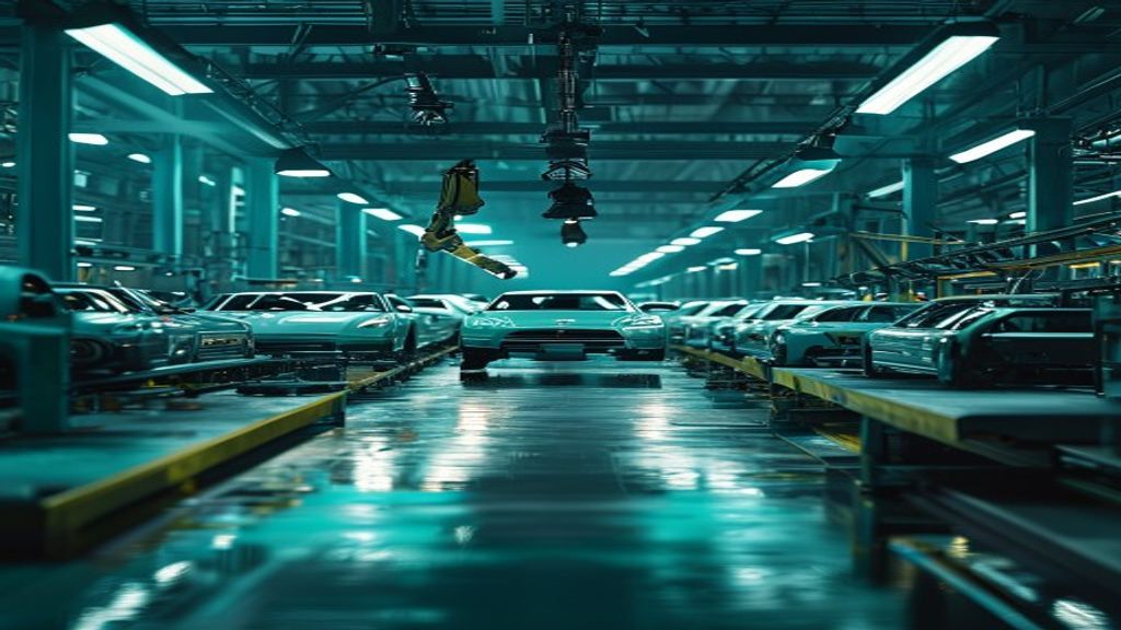 A car assembly line stilled mid-shift, rows of unfinished vehicle bodies paused on both sides of a central aisle, overhead work lamps glowing, an idle robotic arm suspended above, the wet concrete floor mirroring the teal light