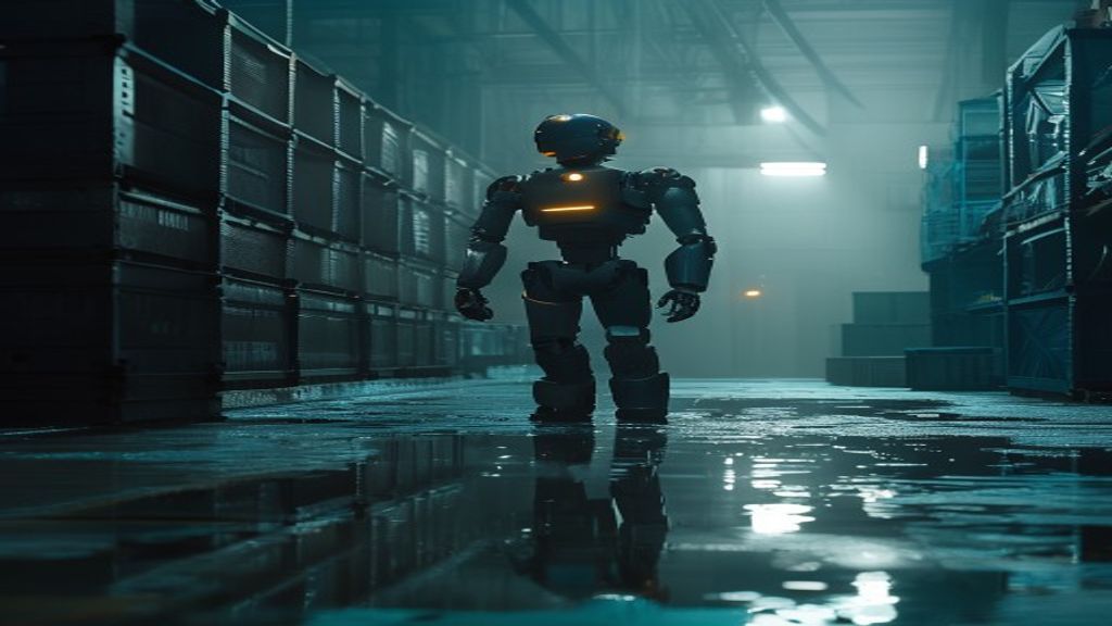 A single powered-down humanoid factory robot standing alone in a dim staging bay beside stacked shipping crates, a restrained gold light along its shoulder, the wet floor mirroring its silhouette in teal and steel-blue