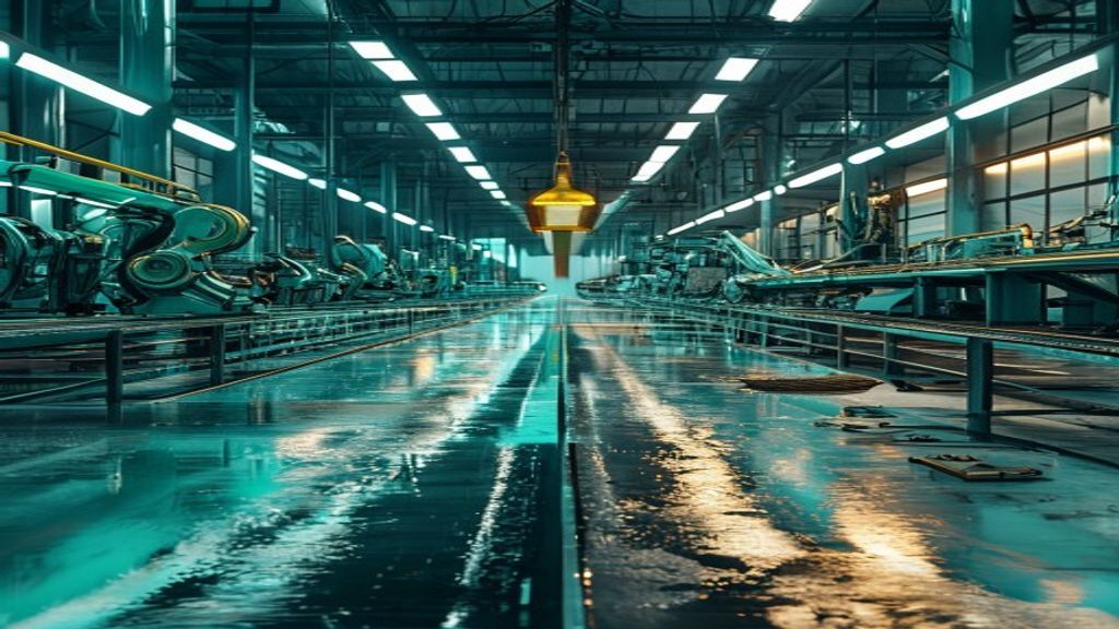 A wide automotive plant floor, robotic assembly cells running down both sides of a long central aisle, a single warm gold lamp overhead, the polished wet floor reflecting rows of teal-lit machinery
