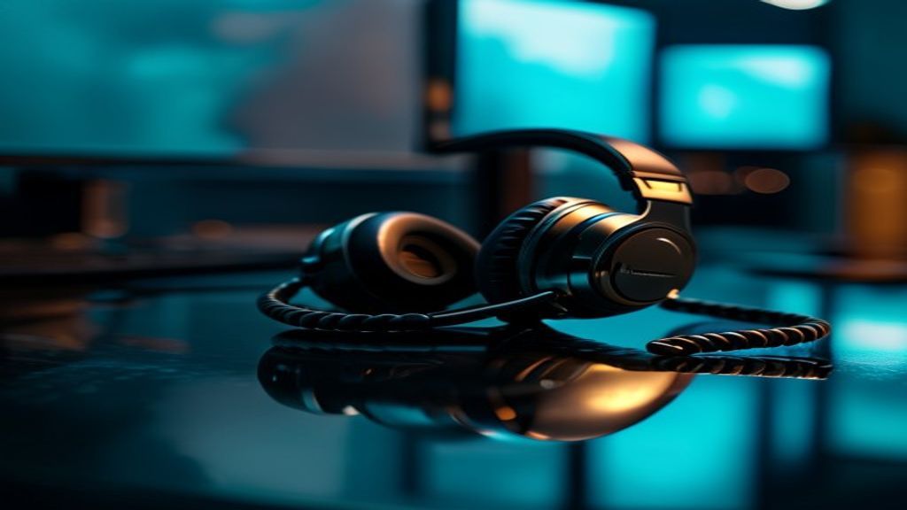 A single professional telephone headset resting on a dark glossy reflective desk, softly glowing monitors behind it in teal light, a restrained gold accent glint along the headband, the wet desktop mirroring the light