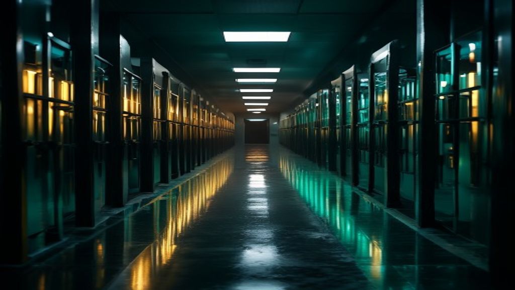 A dark corridor lined with layered illuminated security gates receding into the distance, one gate lit warm gold while the rest glow teal and steel-blue, the wet polished floor mirroring every gate
