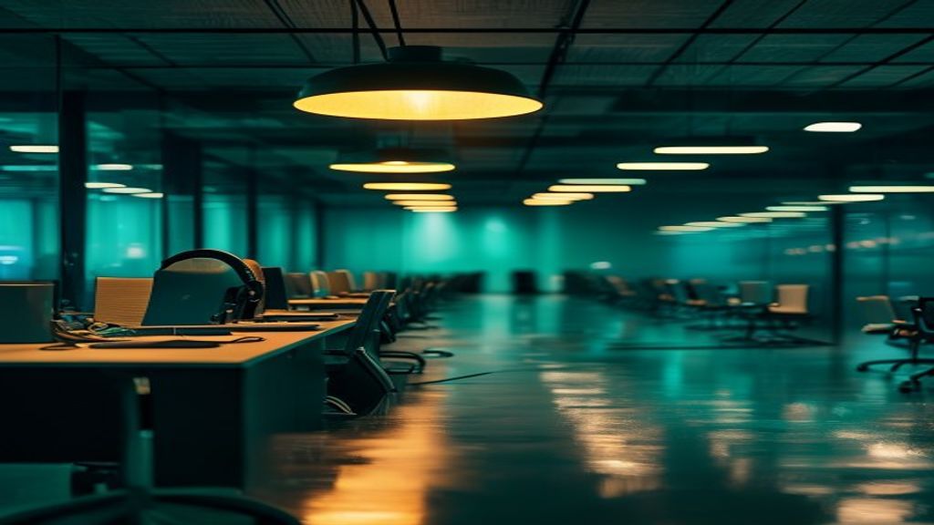 A vast dim enterprise contact-center hall, long rows of empty desks each with a dormant headset, a single warm gold overhead lamp, teal monitor glow and steel-blue ambient light, the polished wet floor reflecting the rows