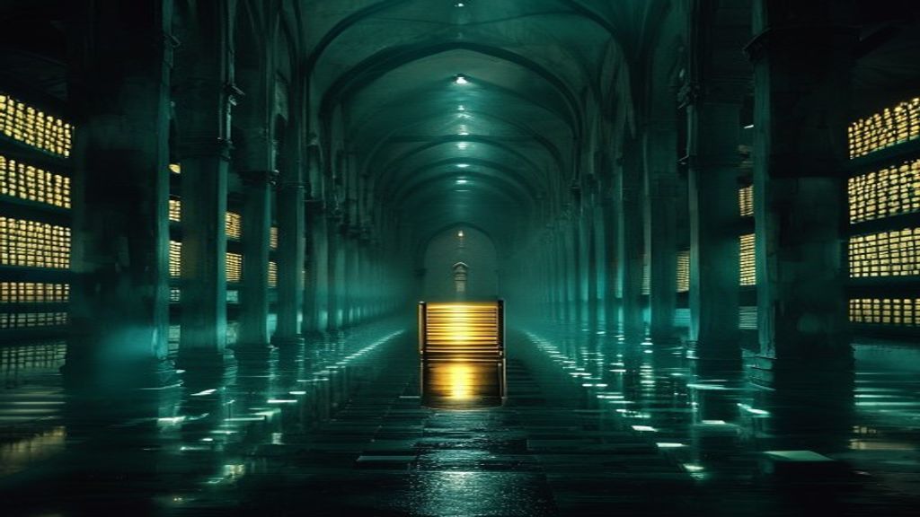A cathedral-scale archive hall receding into darkness, endless rows and columns of illuminated ledger drawers forming one vast ordered grid, a single drawer pulled open glowing gold while the rest glow teal, the wet stone floor mirroring the rows