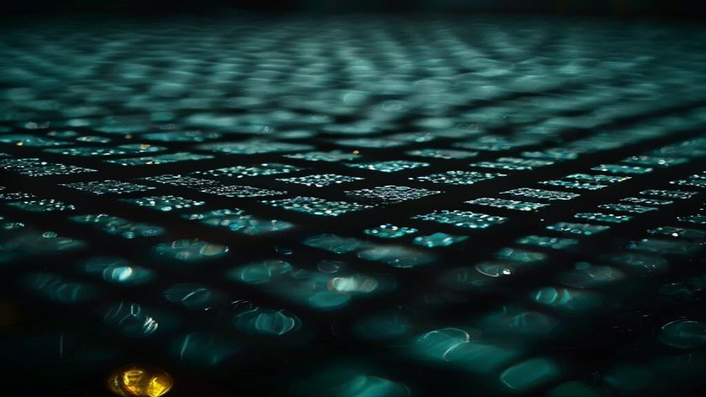 Extreme close macro of a precision-machined metal grid of small square cells on a dark wet reflective surface, each cell glowing teal, a single cell lit warm gold, water beads mirroring the light