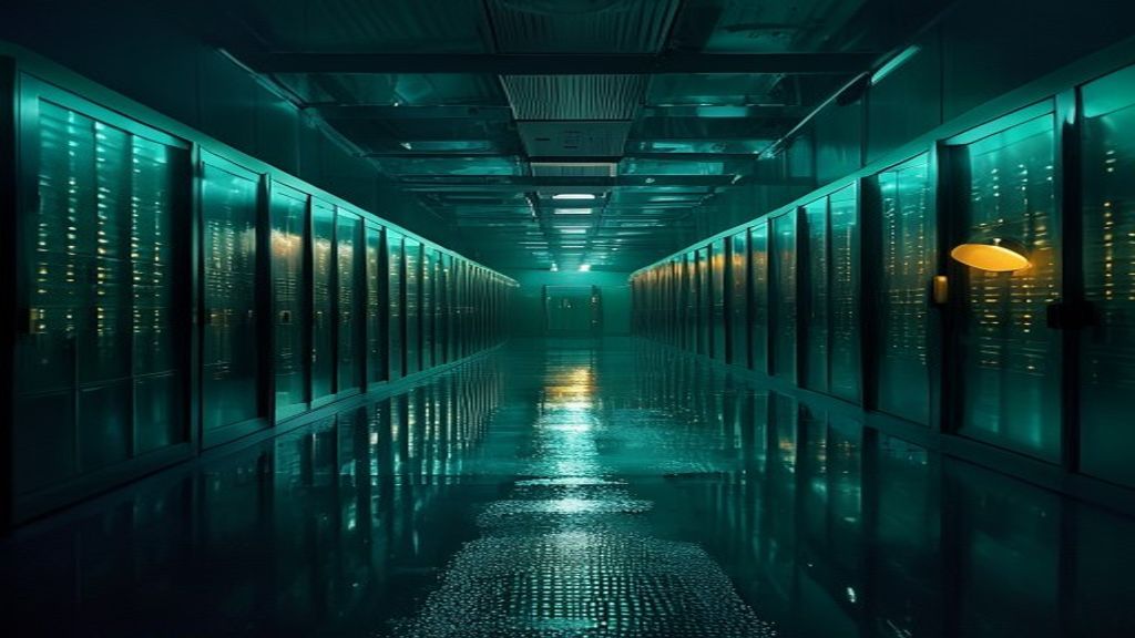 A vast dim operational data vault, deep converging rows of tall glowing cabinets in a strict grid receding into black, teal and steel-blue light, a single warm gold work lamp at the far end, the wet floor mirroring the corridor