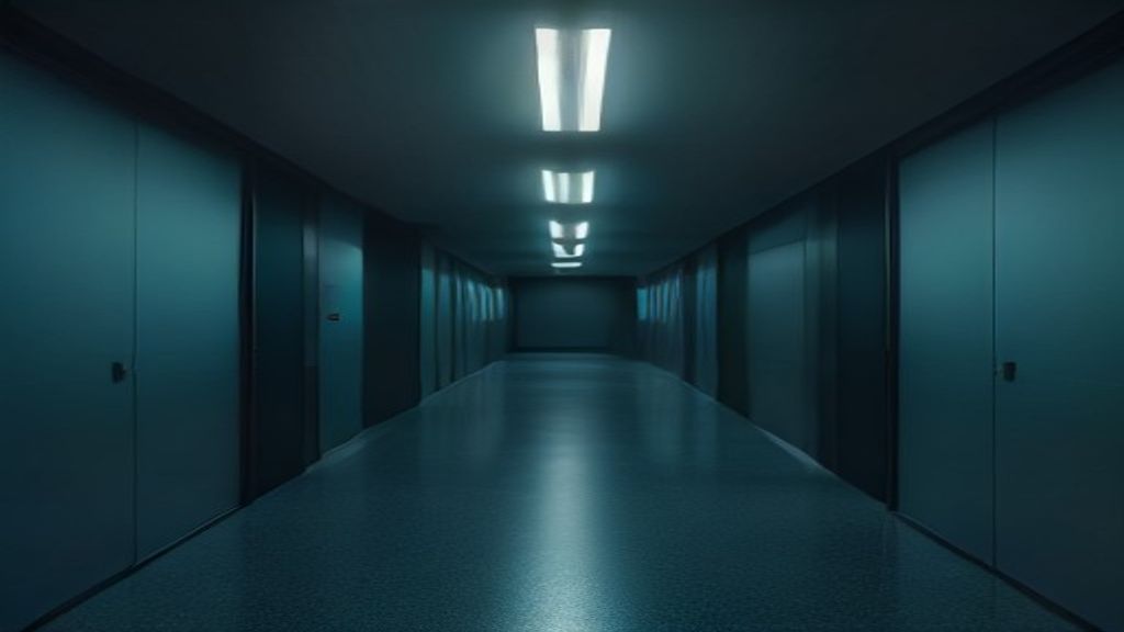 A long empty institutional corridor at night receding into darkness, doors along both sides, cool teal and steel-blue light, a faintly reflective floor
