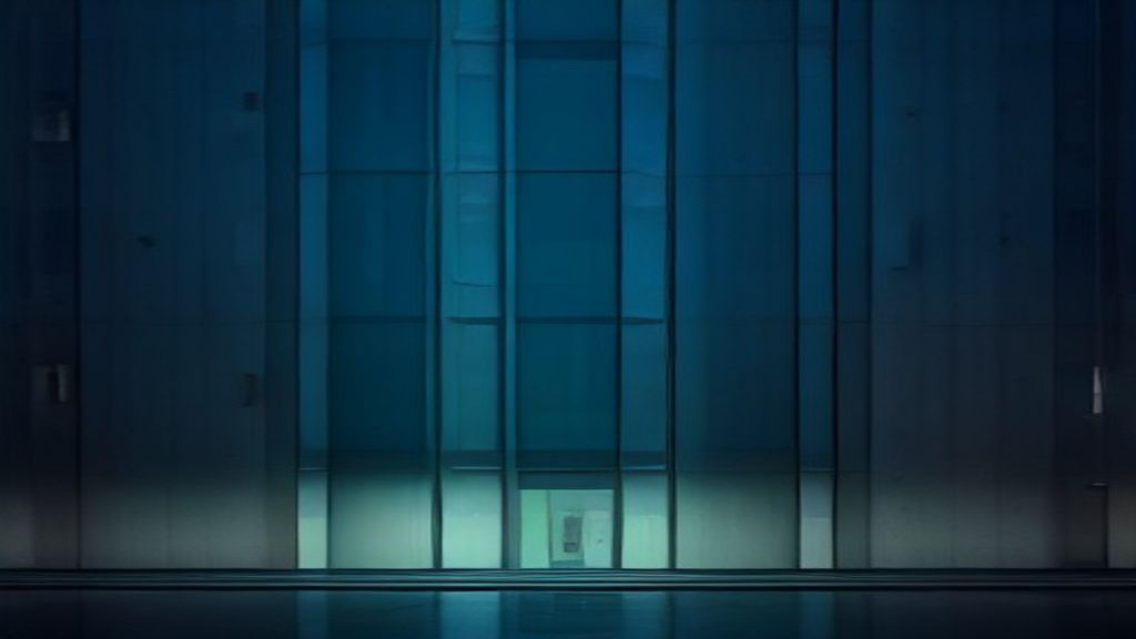 A monumental glass-and-steel government institution facade at night, tall columns lit from within with cool teal light, an empty rain-slicked plaza mirroring the building