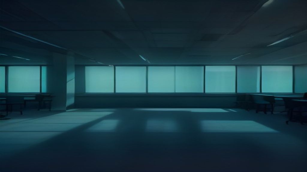 A vast dark open-plan office at night, empty desks receding into shadow, cool teal and steel-blue light from distant windows falling across a faintly reflective floor