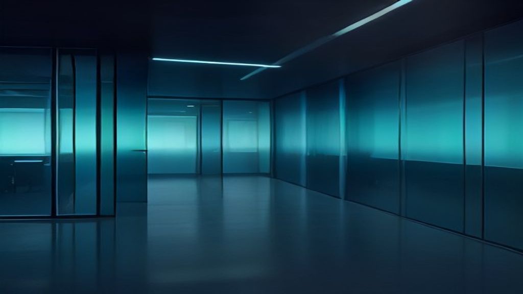 Glass-walled corporate offices at night lit from within with cool teal light, dark corridor and polished reflective floor between them