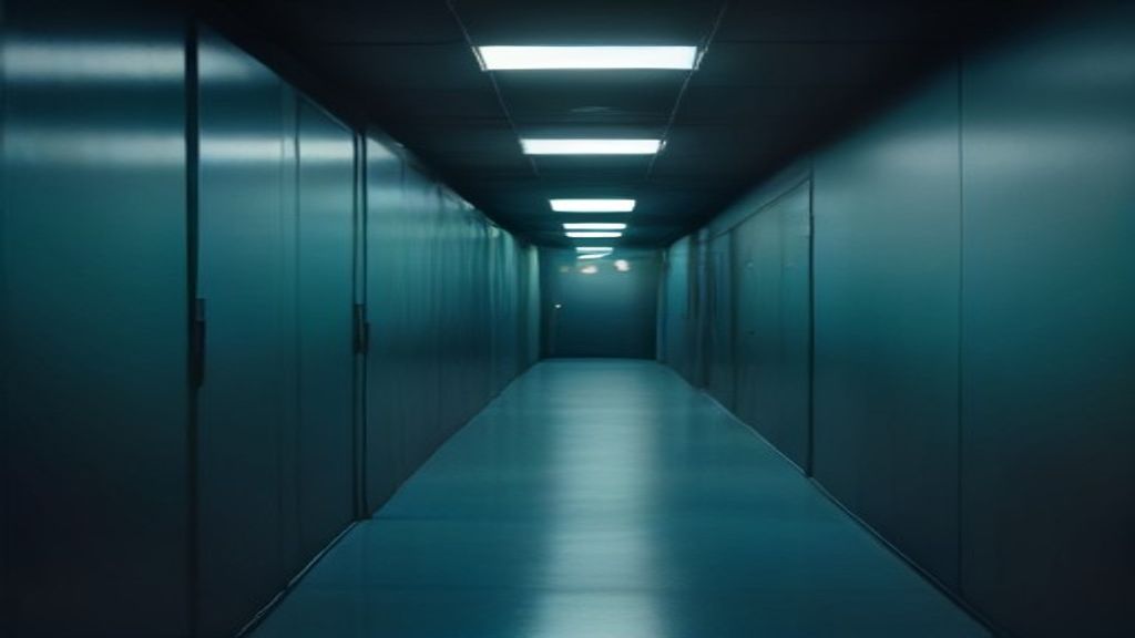 A dark corridor lined with server cabinets at night, cool teal-mint light glowing from the far end, faint reflection on the floor