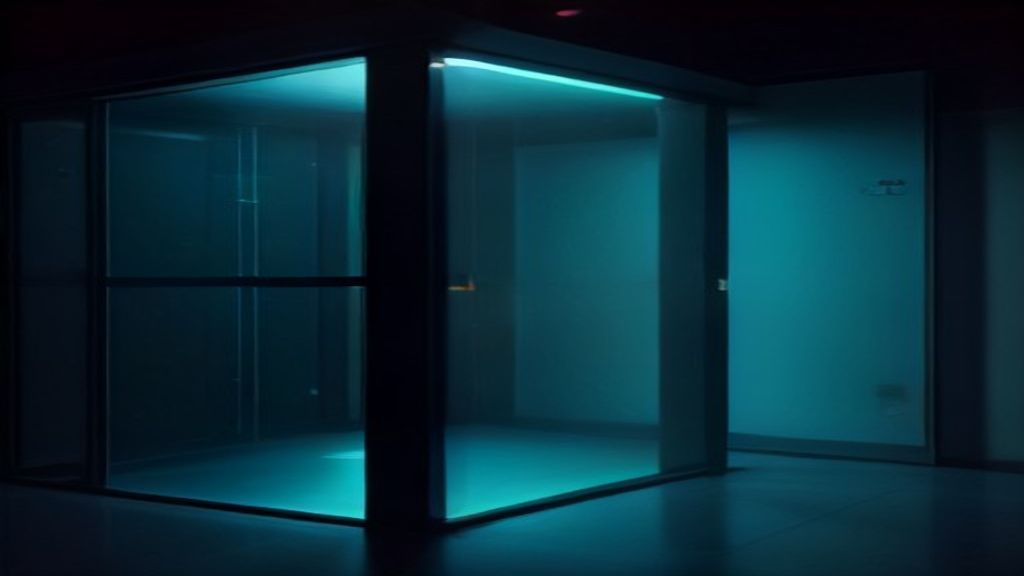 A sealed glass isolation chamber glowing with cold teal light in a dark facility, its interior reflected on a wet black floor