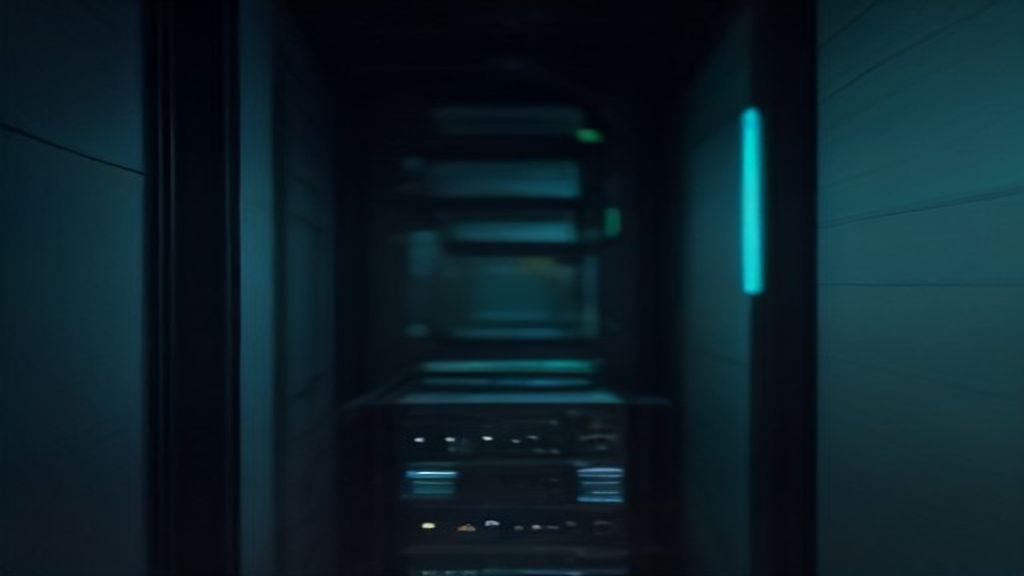A narrow dark aisle between server racks, a single vertical strip of teal light on the wall, equipment indicators glowing faintly in the distance
