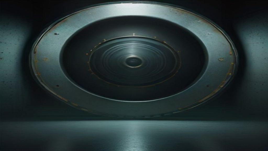 A massive circular steel bank-vault door sealed into a dark wall, lit in teal and steel-blue with a faint gold seam, mirrored on a wet floor